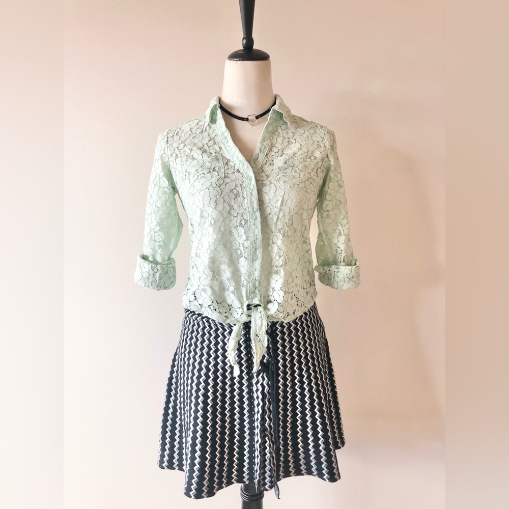 Candies Roll-Tab Sleeve Button Down Lace Shirt , Size S